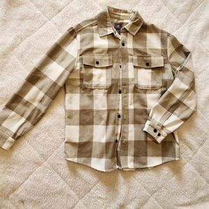 H&M Cream & Tan Button Up Flannel Plaid Heavyweight Shirt Men's Size Large